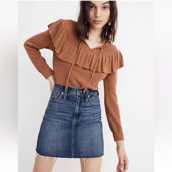 Madewell Rigid Denim Straight Mini Skirt Raw Hem Blue Distressed Stretch Size 26 - Picture 3 of 9